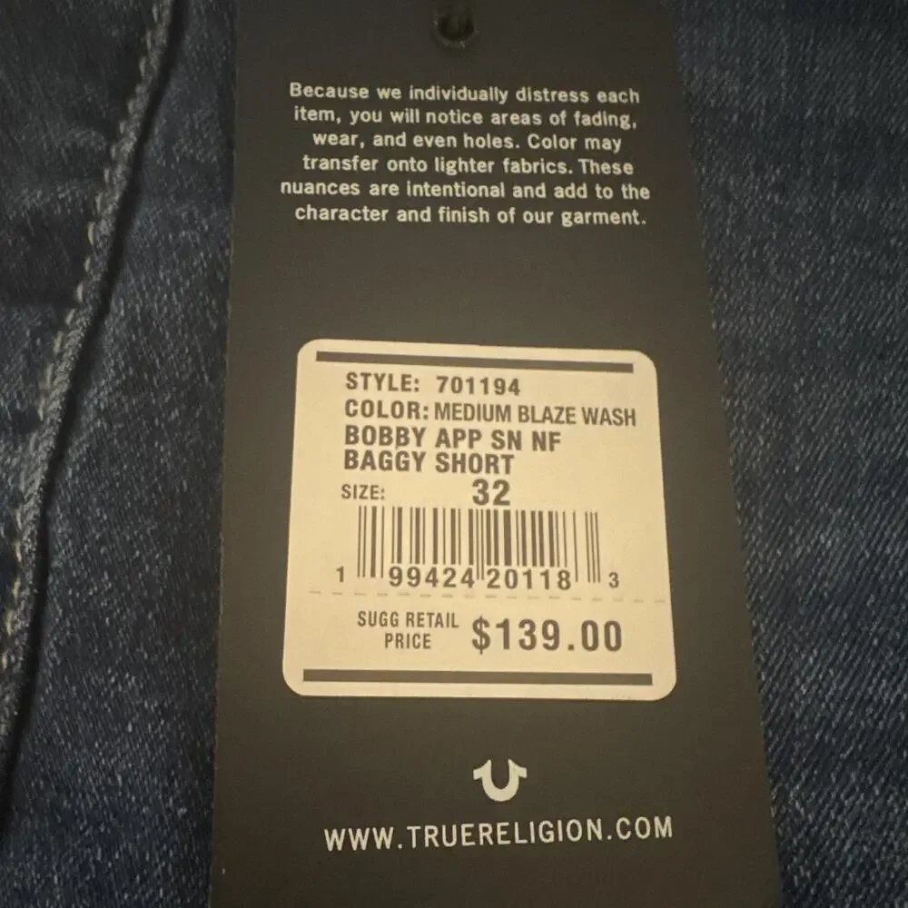 True Religion Men's Baggy Blue Denim Shorts 5-Pocket 11